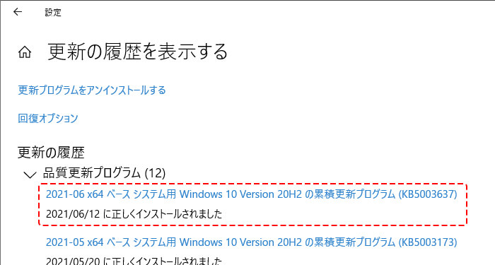 更新の履歴 2021-06 x64ベースシステム用Windows 10 Version 20H2 の累積更新プログラム(KB5003637)