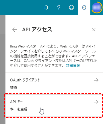 Bing Webmaster ToolsからIndexNow APIキー取得する画面