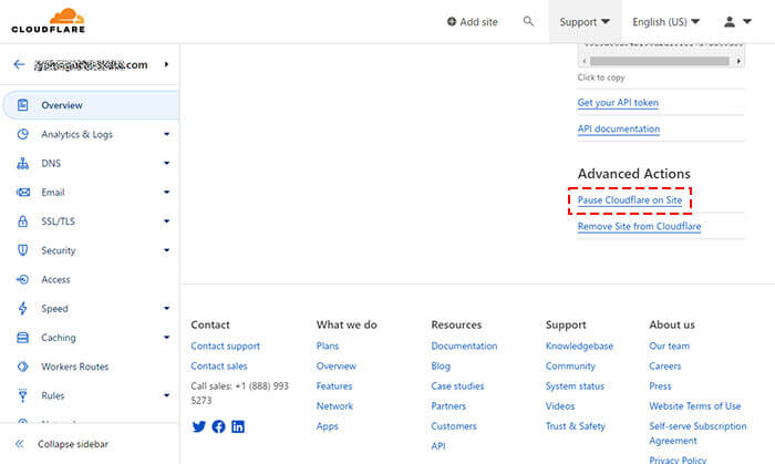 「Overview」メニューを選択し、ページ右下の「Advanced Action」にある「Pause Cloudflare on Site」をクリック
