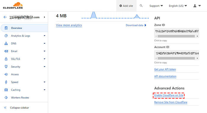 Cloudflareに戻り、「Overview」メニューを選択し、ページ右下の「Advanced Action」にある「Enable Cloudflare on Site」をクリックして有効化