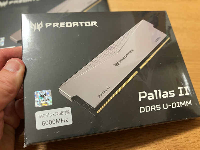 Acer PREDATOR Pallas II DDR5 6000Mhz CL30 64GB(32GB×2枚)パッケージ